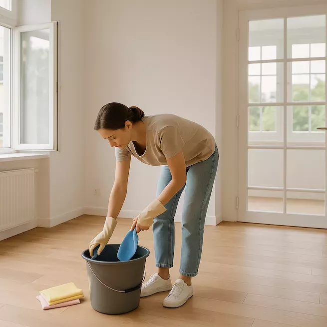 person städar tom lägenhet med skurhink och trasor